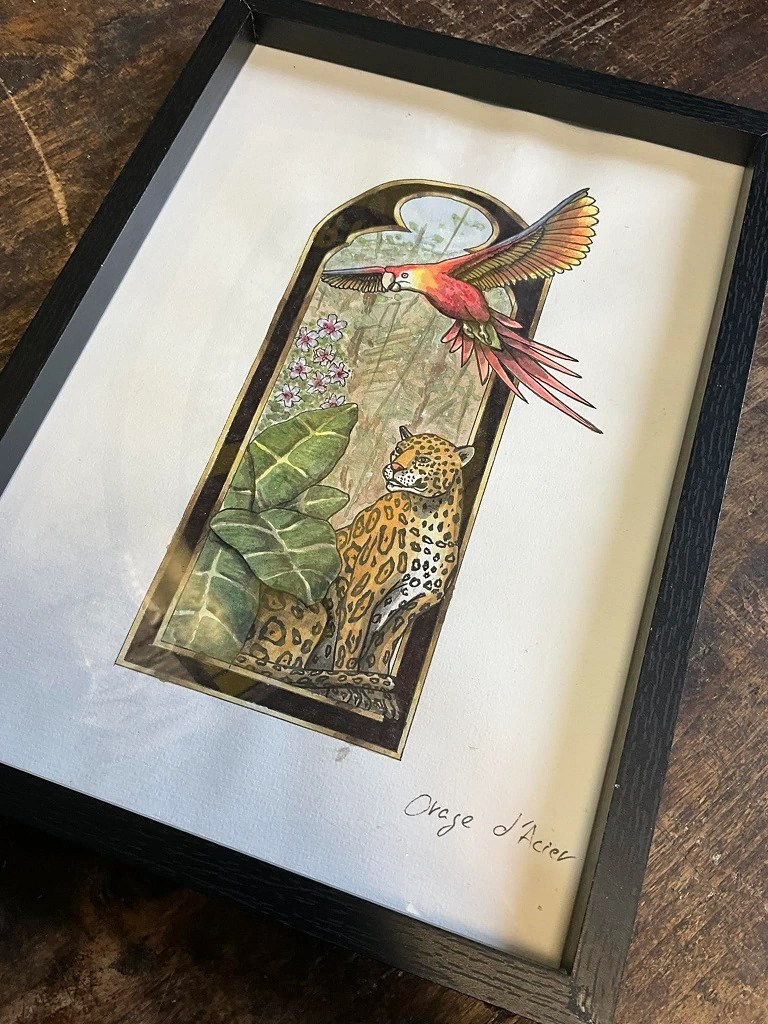 dessin tattoo d'un léopard et d'un ara entourés de verdure