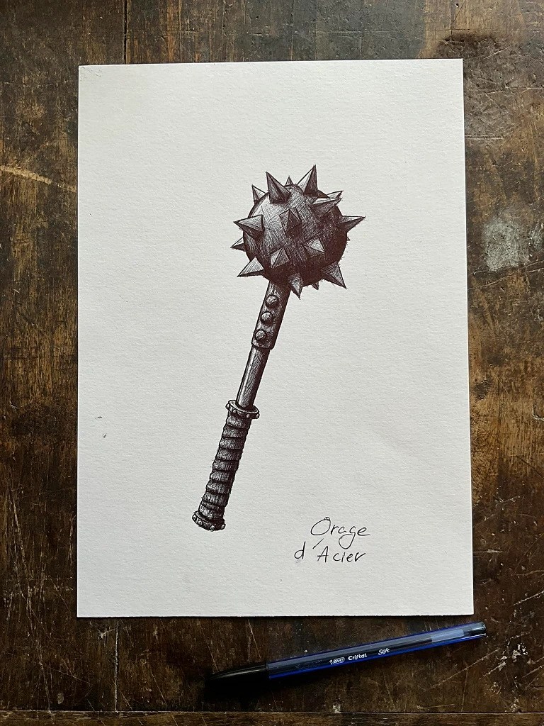 dessin projet tattoo d'une masse d'arme effet 3d