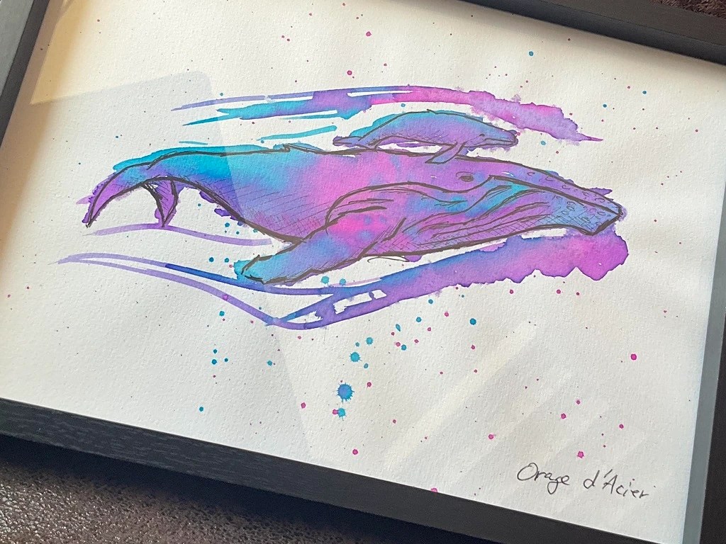 dessin tattoo d'une baleine et son baleineau style aquarelle