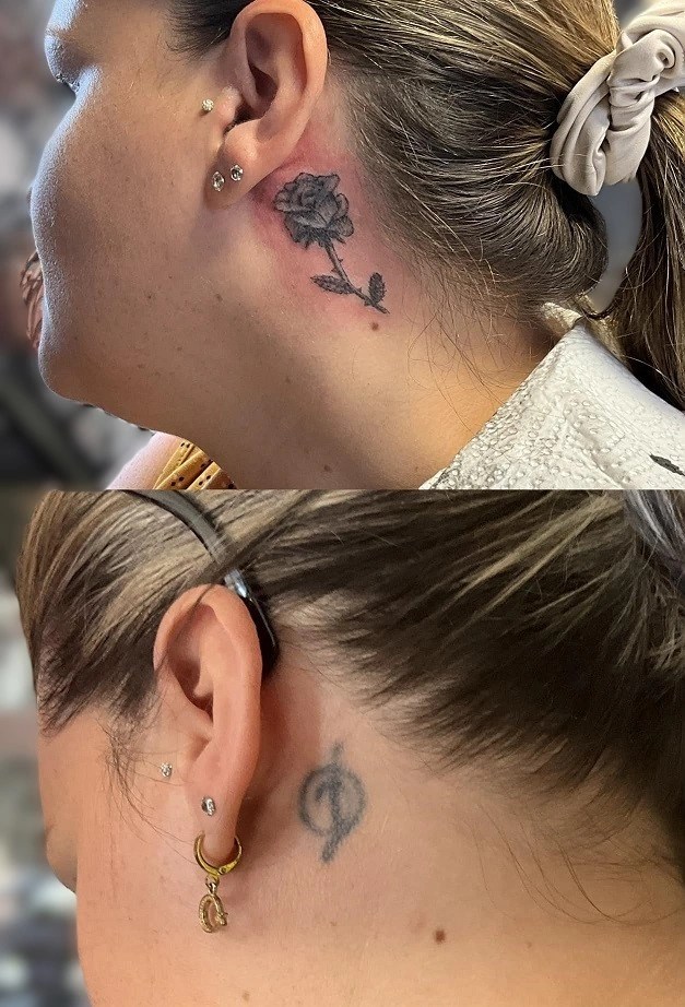 tatouage recouvrement d'un tattoo par une rose bleue cover