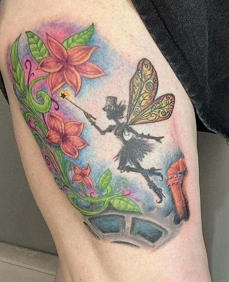 Tattoo steampunk fée et fleurs noir et blanc et couleur